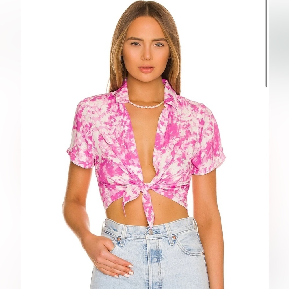 For Love And Lemons Pink Tie-Front Button Down Shirt